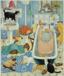 Abuela y 10 gatos en el baño